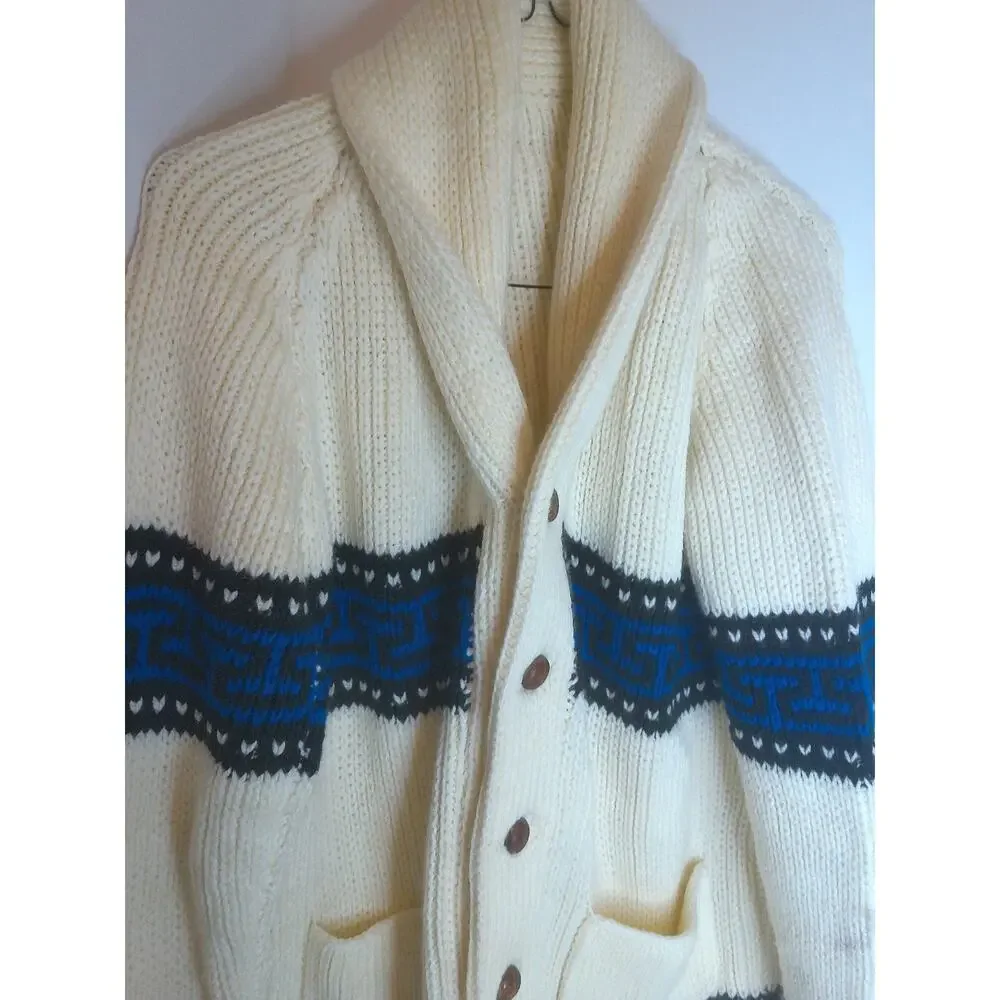 Vintage Heavy Chunky Hand Knit Cardigan Shawl Collar Greek Key Pattern L/XL - Picture 2 of 11